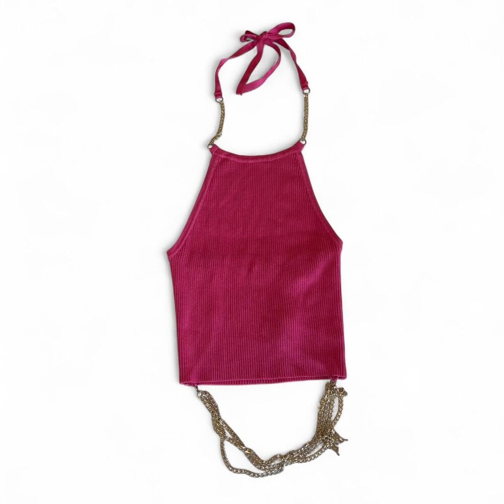 NWT baddie Almost famous ribbed Pink halter top with chains